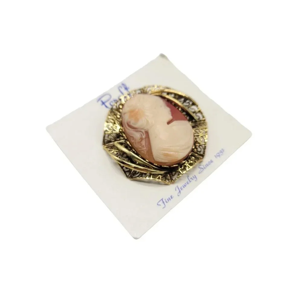 Pcraft Pink Acrylic Cameo Gold Tone Large Brooch NOS Vintage